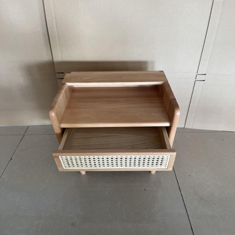 Living Room Furniture Nightstand Side Table with Solid Wood Varnish, Rattan Drawer Design35*51*42cm