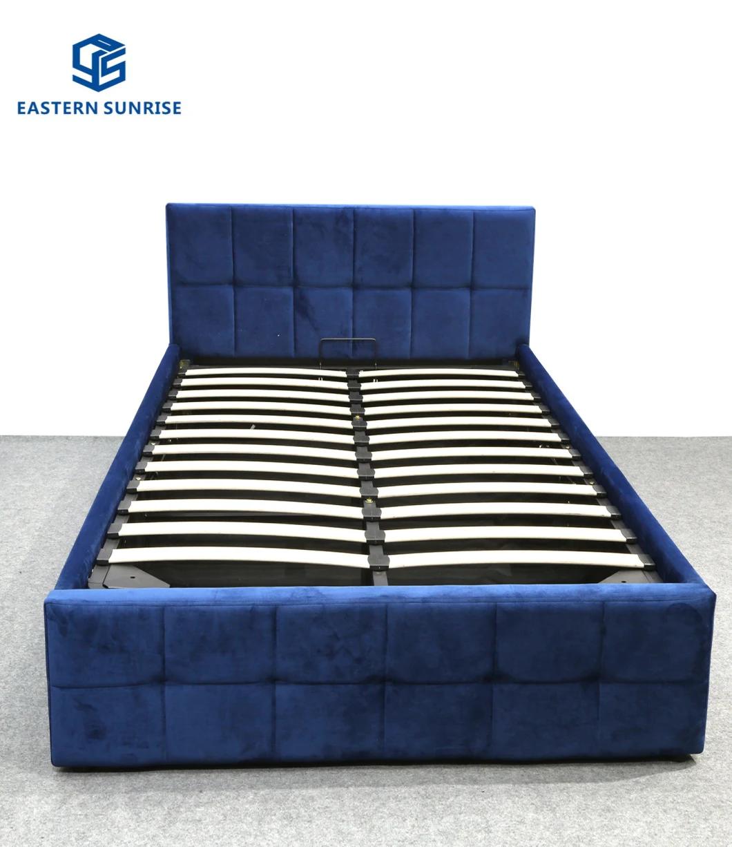 Home Furniture Simple Design Double Bed Upholstered with Blue Velvet