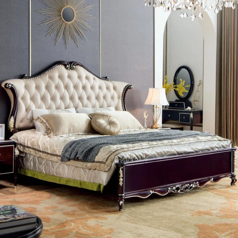 Optional Color Wood Carved Bed with Bed Bench for Bedroom Furniture
