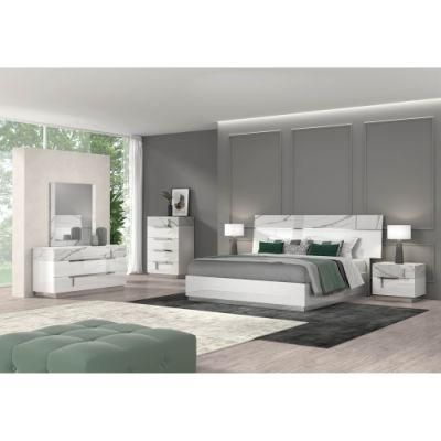 Nova 2110jaa005 MID-Century Style White &amp; Grey Stripes Marble Finish Bedroom Suites Furniture