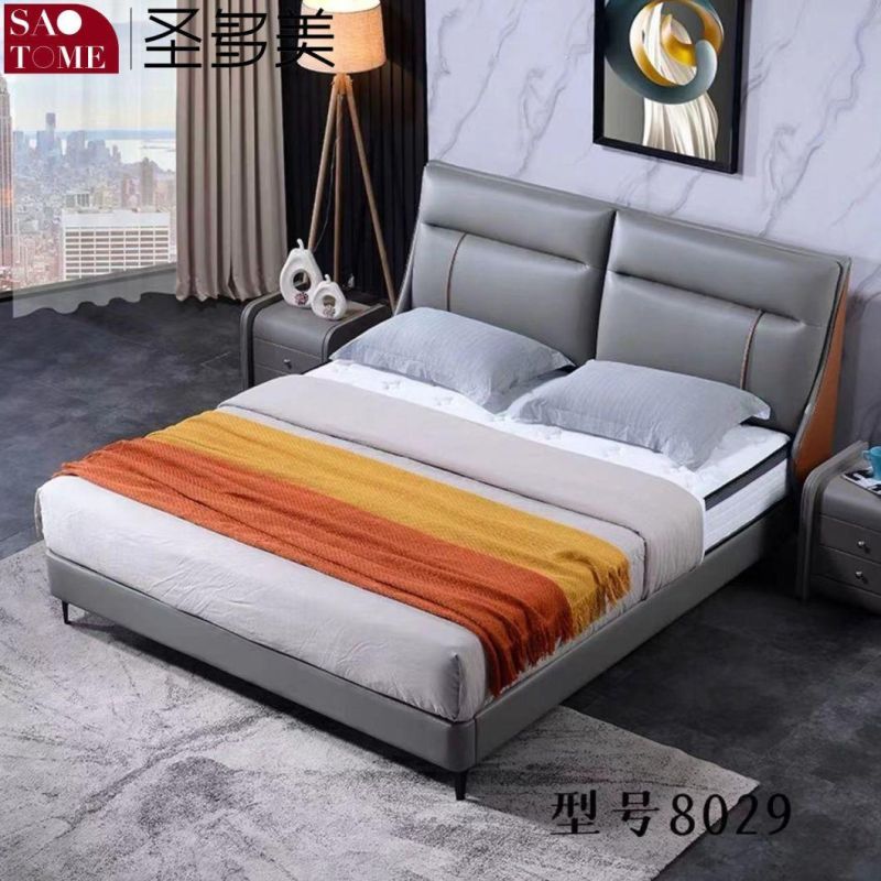 Modern High-Grade Dark Blue Leather High-Density Sponge Double Bed