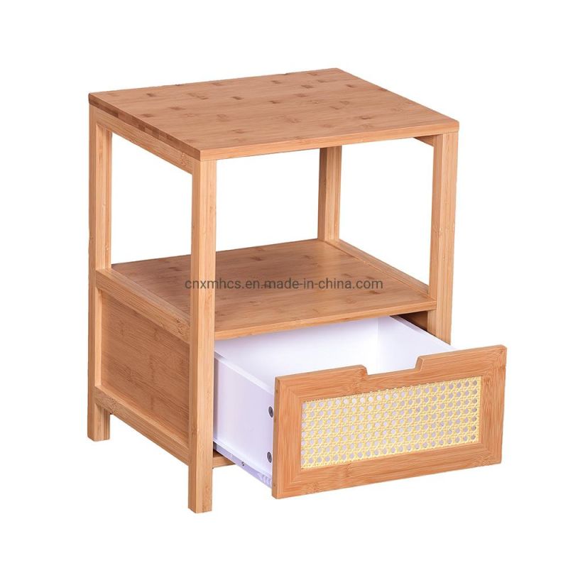 Modern Solid Bamboo Nightstands Wooden Furniture 2 Tier Bed Side Table with Drawer Bedroom
