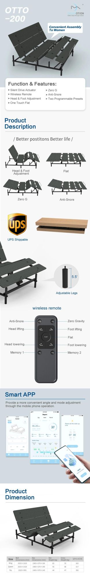 Home Furniture Massage Remote Control Full Size Electric Folding Smart Adjustable Bed
