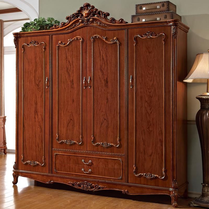 Classic Bedroom Furniture Wood Double Bed with Wardrobe and Dresser in Optional Color