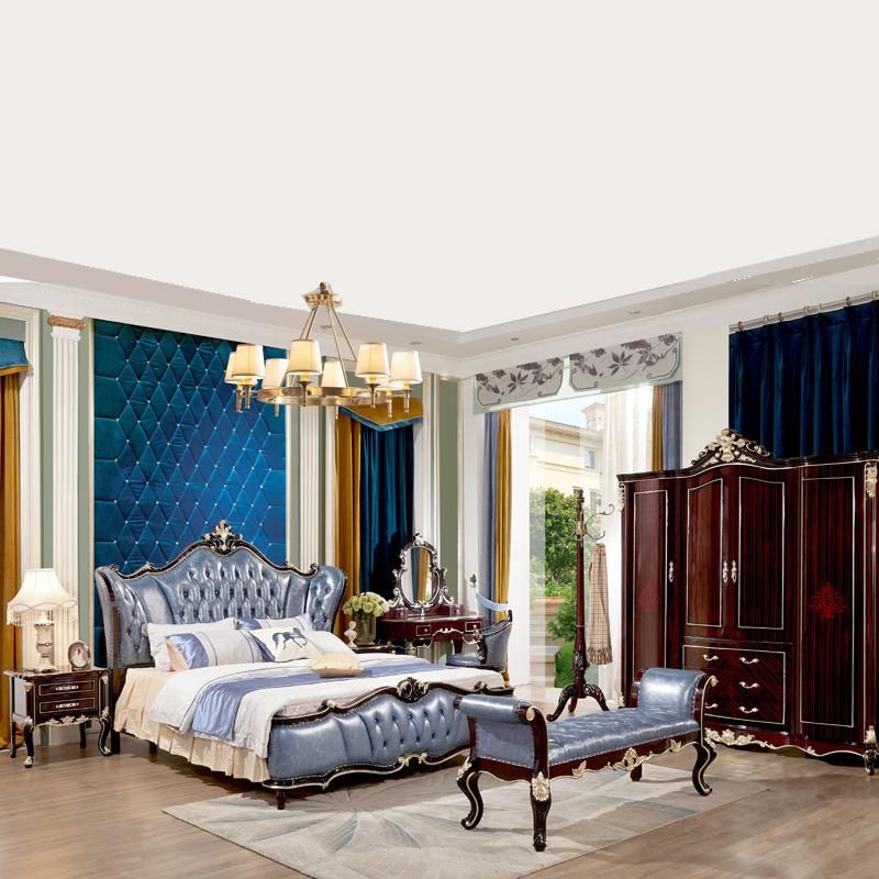 Wholesale Antique Bedroom Furniture Set with Wood Bed and Wardrobe