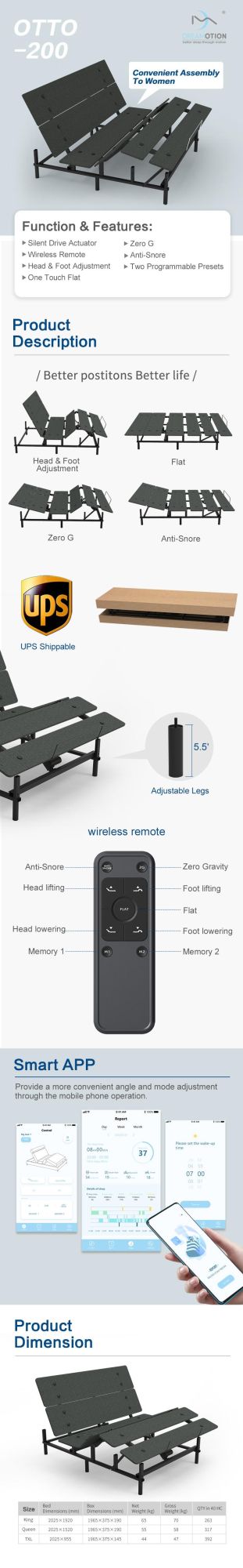 Motorized Bedroom Furniture Electric Adjustable Massage Split King Adjustable Bed with Remote Control