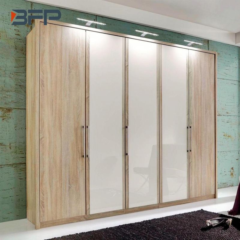 Wood Grain Melamine Wardrobe with Wooden Frame Glass Door
