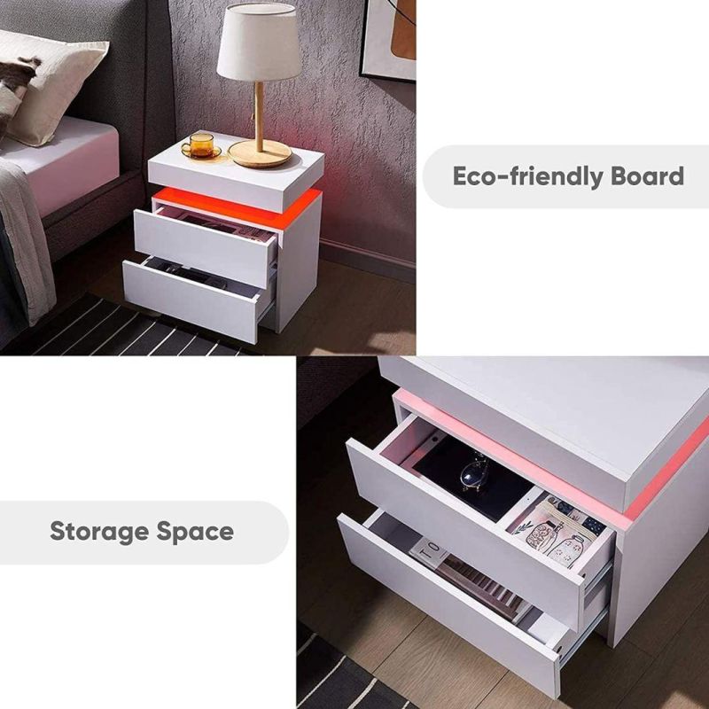UV High Gloss Bedside Table Nightstand End Table with LED Light for Living Room Bedroom