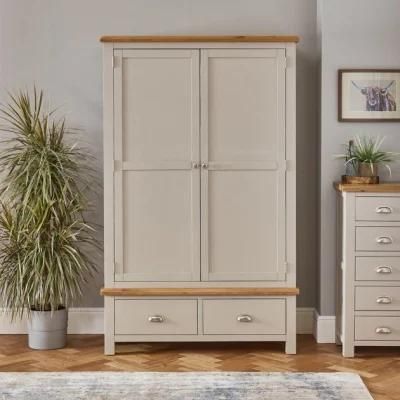 Grey Painted Double 2 Door Wardrobe with 2 Drawers