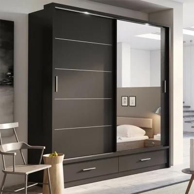 China Foshan Factory Prices Latest Design 2 Door Black Wooden Cabinet Wardrobe with Mirror and Drawers