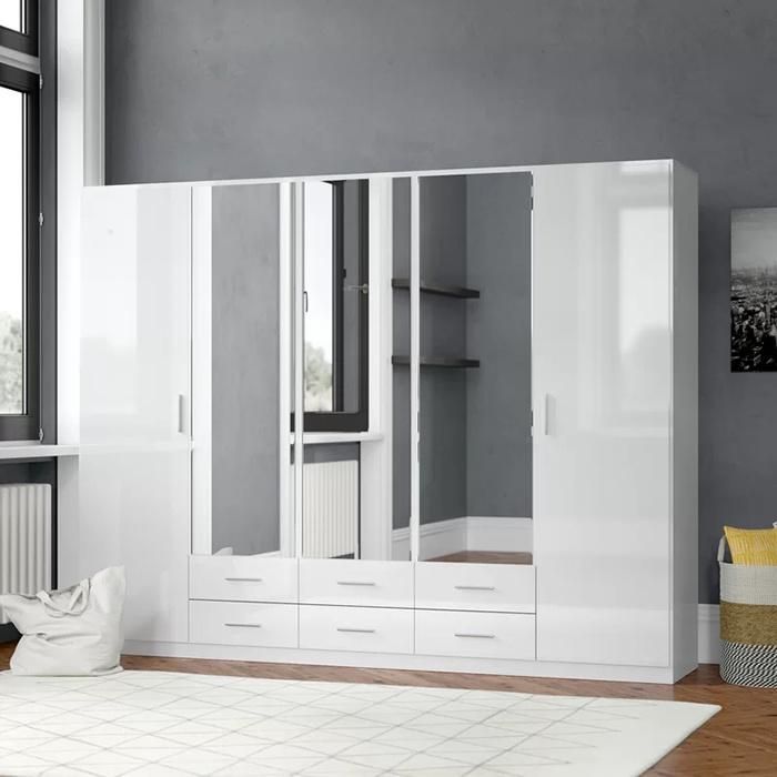 5 Doors Modern MDF Wooden Bedroom Mirrror Wardrobe (HF-WF05143)