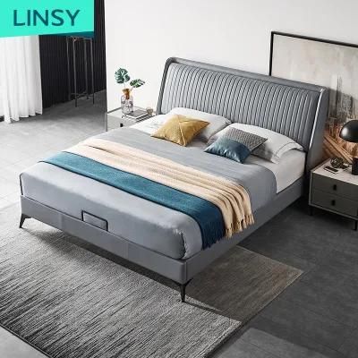 Linsy Luxury Blue Grey Headboard Storage Bed Leather Frame King Size Bed Set R335