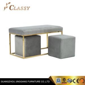Modern Grey Velvet Bench with Stainless Steel Gold Base &amp; Two Matching Ottoman