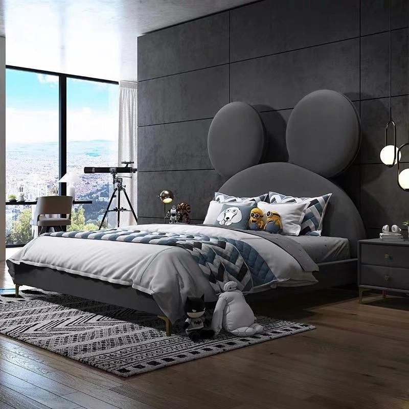 Modern Fashion Mickey Design Children Bedroom Furniture Beds Fabric Upholstered Single Bed for Kids