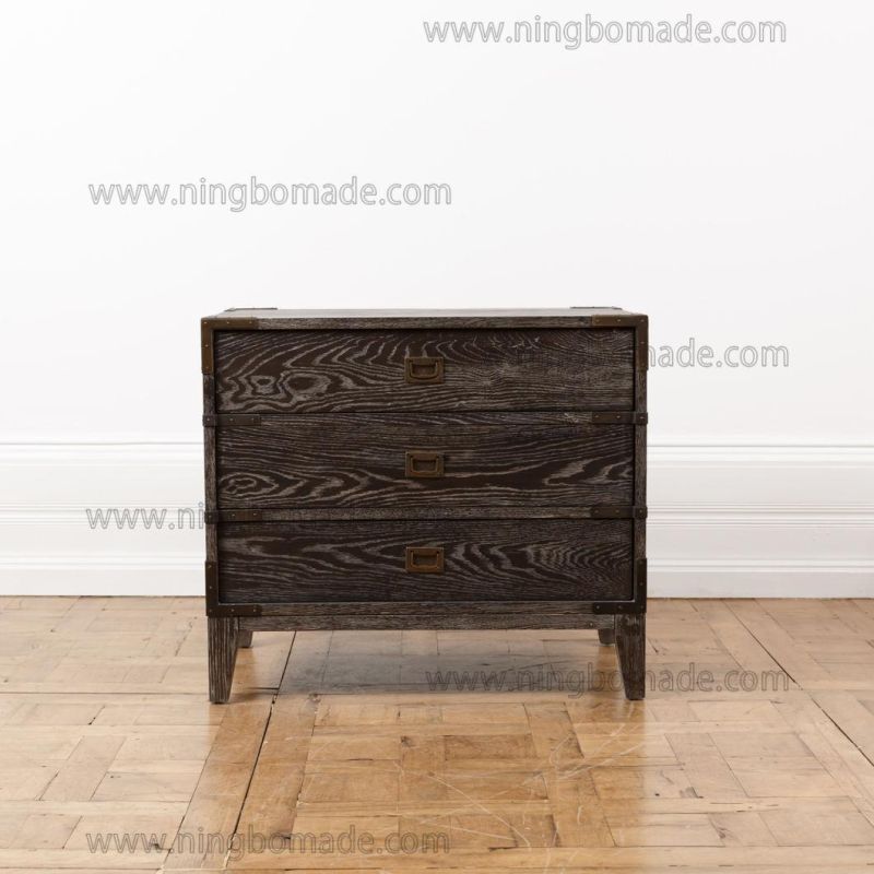 Hot Sale Chinese Classic Style Furniture Ebony Oak Antique Brass Color Metal 3 Drawers Wide Nightstand