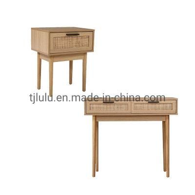 Natural Solid Wood Rattan Small Nightstand Vanity Wooden Bedside Table Cabinet with Rawer