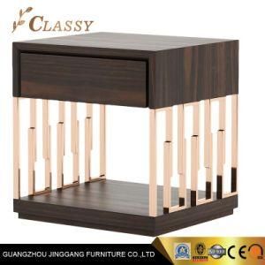 Golden Mirror Stainless Steel Nightstand in Modern Design Wood Cabinet