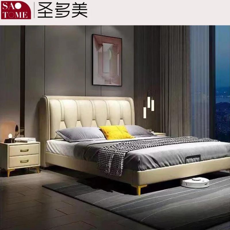 Home Furniture Champagne Leather Steel Wood Solid Wood Frame Double King Bed