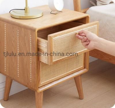 Modern Nordic Design Solid Wood Bedside Nightstand Bedroom Rattan Small Side Table 2 Drawers Storage Locker