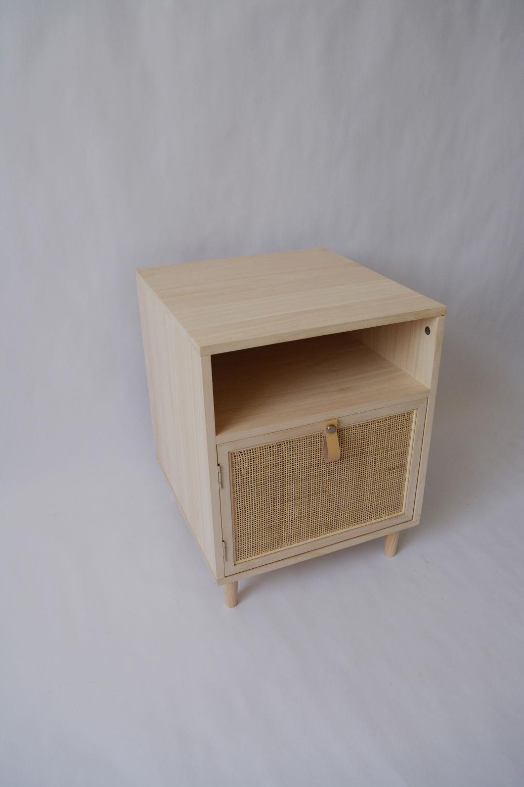 Rattan-Woven Night Table with Door and Real Leather Handle