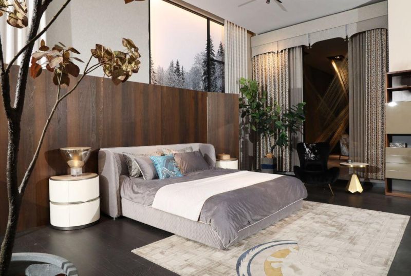 Zhida Villa Furniture Fabric Velvet Upholstered Bed Luxury Modern Hotel Bedroom King Size Solid Wood Frame High Headboard Bed