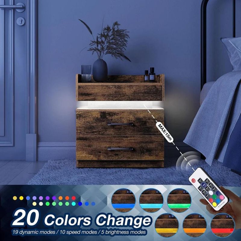 Most Popular Nightstand Bedside Table End Table Side Table with Charging Station and LED Lights for Bedroom