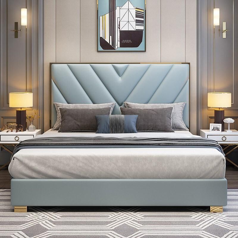 Luxury Single Double King Queen Size Modern Design Home Hotel School Furniture Bedroom Wooden Leather Bed with Storage
