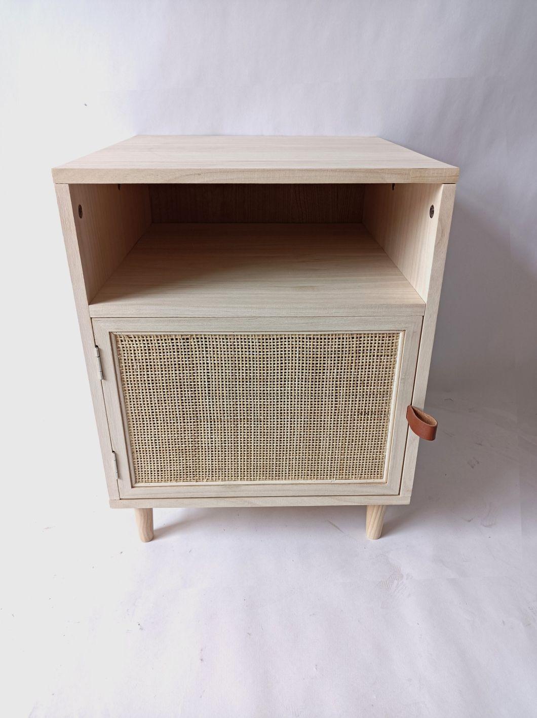 Rattan-Woven Night Table with Door and Real Leather Handle