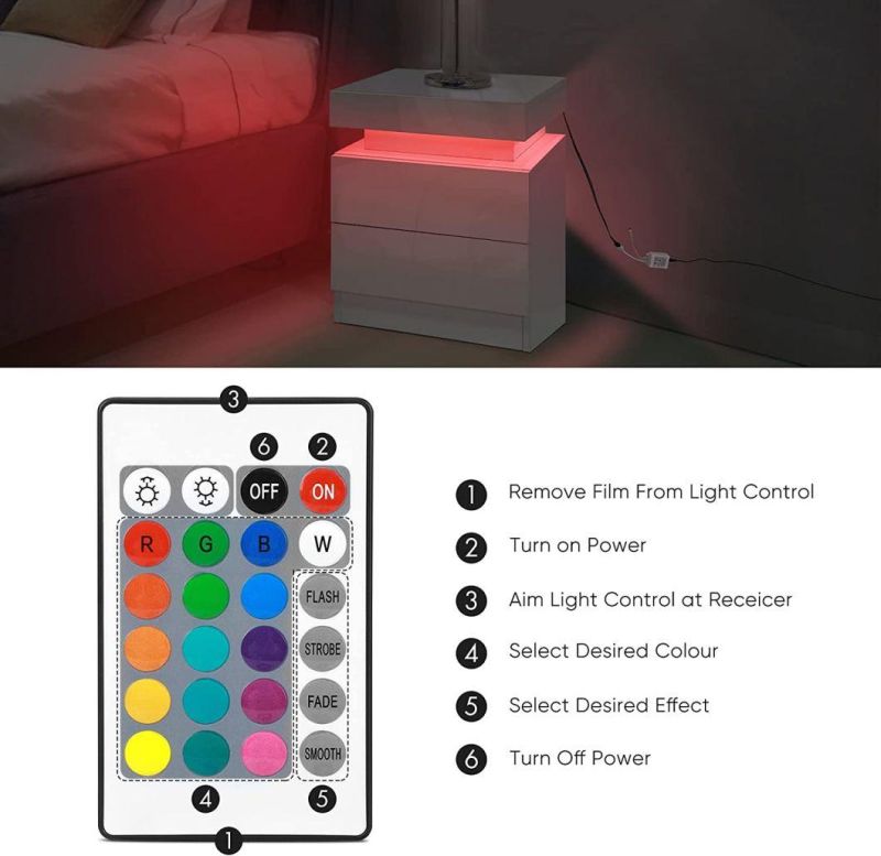 UV High Gloss Bedside Table Nightstand End Table with LED Light for Living Room Bedroom