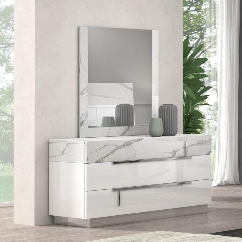 Nova Light Luxury Bedroom Furniture Melamine Glossy White Marbling Dresser