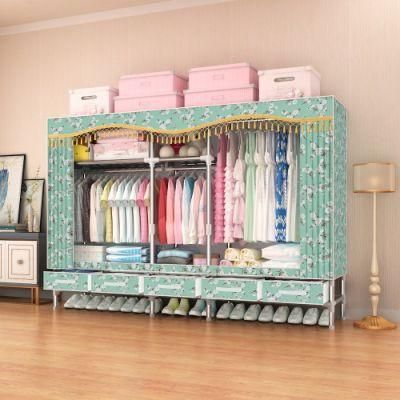 25mm Galvanized Steel Pipe 200cm Width Fabric Wardrobe Closet with Drawers Bedroom Wardrobe Cloth Storage Wardrobe