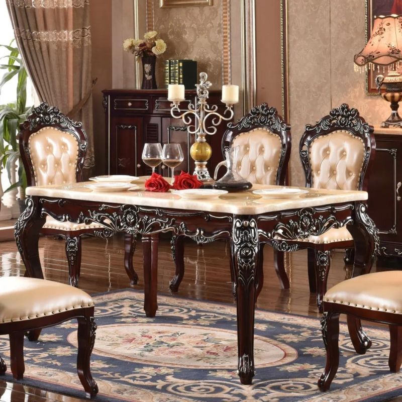 Modern Luxury Solid Wood Furniture Carve Marble Square Dining Table Set