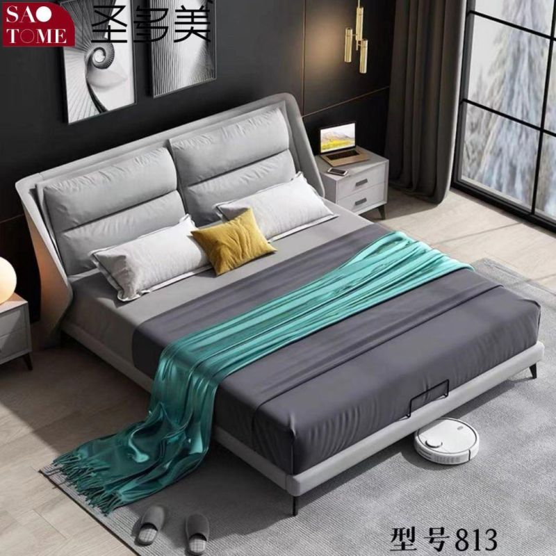 Modern Luxury Hotel Bedroom Furniture Dark Grey Leather Solid Wood Frame Double Bed