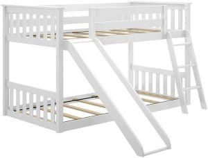 White Solid Wood Twin Low Bunk Bed with Slide