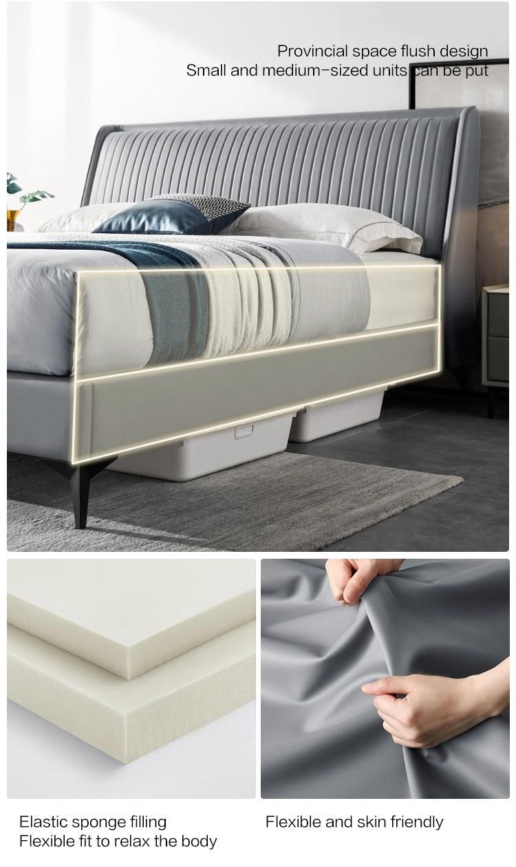 Linsy Luxury Blue Grey Headboard Storage Bed Leather Frame King Size Bed Set R335