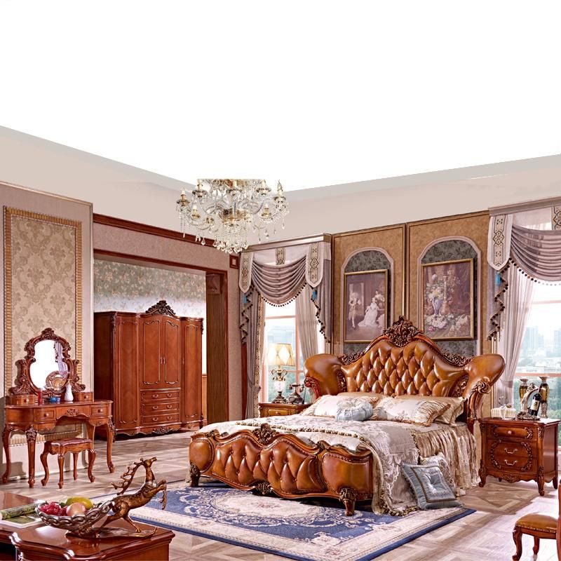 Wholesale Antique Bedroom Furniture Set with Wood Bed and Wardrobe