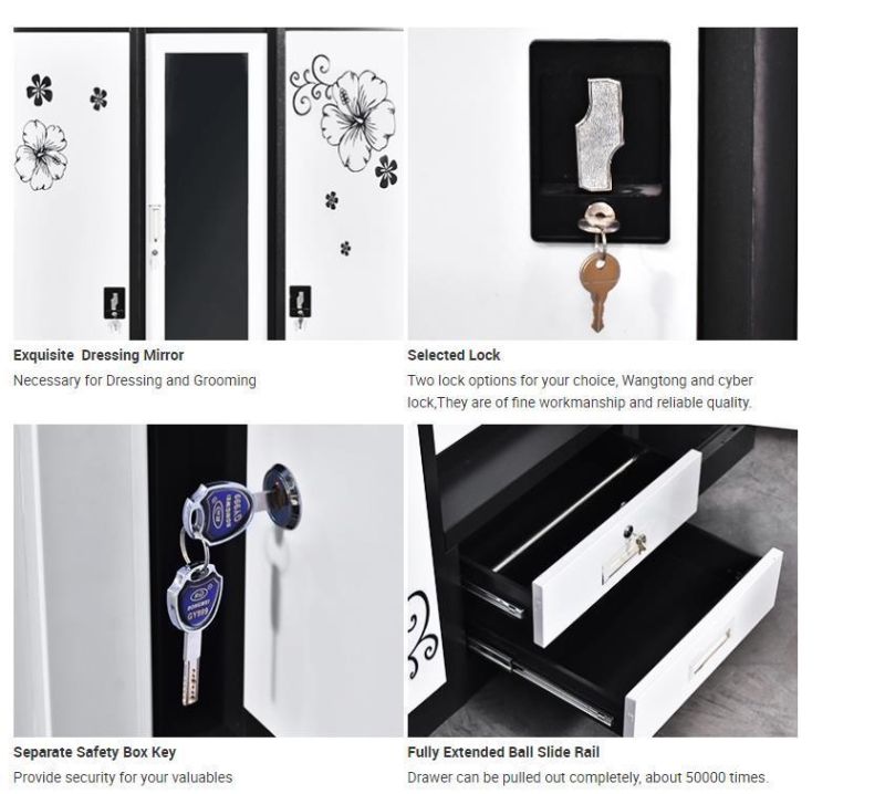 Home Furniture Steel 3 Door Locker Dressing Mirror Wardrobe with Drawer