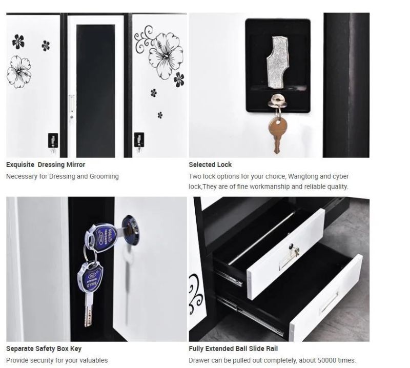 Modern Steel 3 Door Locker Dressing Mirror Wardrobe with Drawer