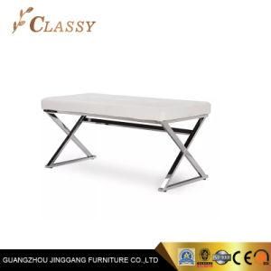 Modern Stainless Steel and Leatherette Upholstered Rectangle Bench - White