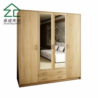 Oak Color MDF Faced Melamine 4 Doors 2 Drawers Wardrobe with Mirror