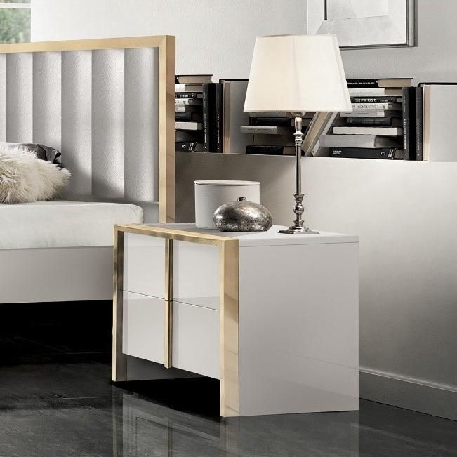 Nova High Gloss Finish Nightstand with Gold Stainless Steel Handles