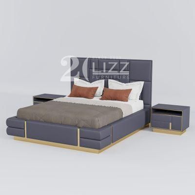 Luxury Italian Geniue Leather Home Bedroom King Queen Size Upholstered Bed with Metal Decor &amp; Side Table