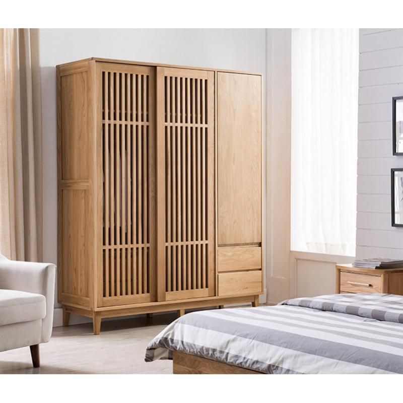 Nordic Japanese Style Solid Wood Wardrobe Simple Bedroom Furniture White Oak Sliding Door Wardrobe Storage Cabinet Custom 0038