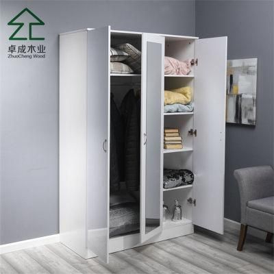 White Color 3 Doors Wardrobe with Mirror and Handle