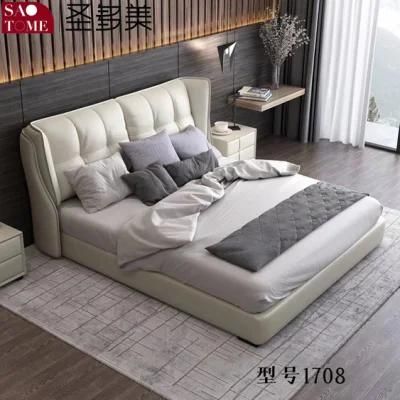 Modern Bedroom Furniture Kaqi Color Leather Solid Wood Frame Double Bed