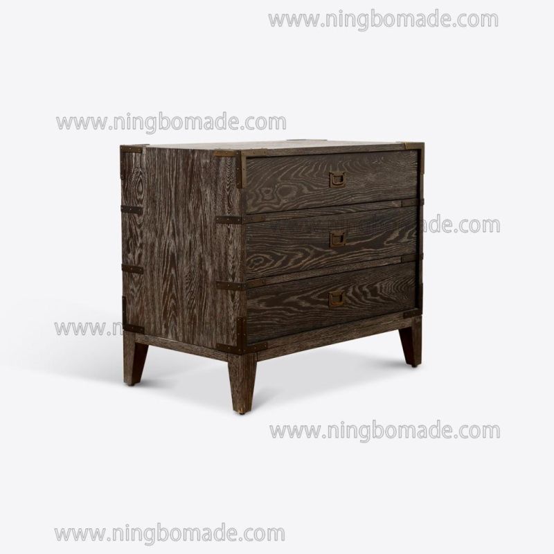 Hot Sale Chinese Classic Style Furniture Ebony Oak Antique Brass Color Metal 3 Drawers Wide Nightstand