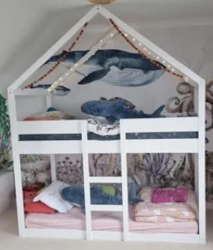 Wooden Furniture Children Wooden White Bunk Bed House Cabin Bed OEM