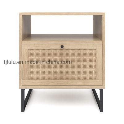 Modern Nordic Hotel Living Room Small Wooden Rattan Nightstand Bedroom Bedside Table Wood Corner Side Table Metal Storage Tables