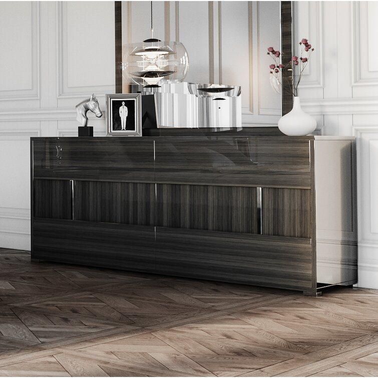 Nova Self-Closing 6-Drawer Dresser with Linear Silver Accents and Rectangular Mirror