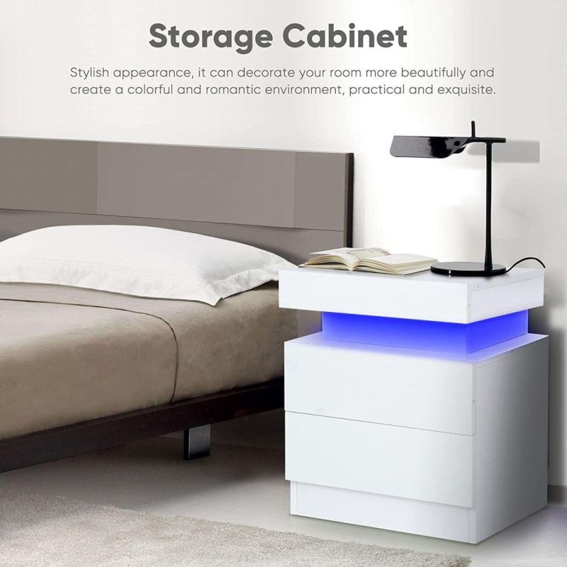 UV High Gloss Bedside Table Nightstand End Table with LED Light for Living Room Bedroom